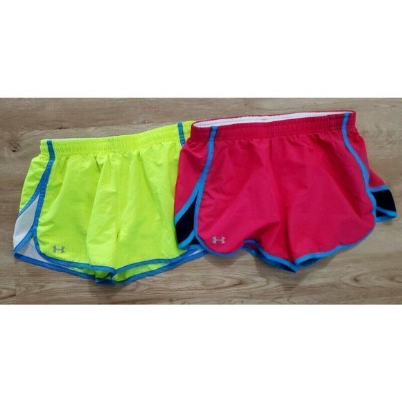 Under Armour Womens Shorts Size Small Semi Fitted Lot of 2 Heatgear Pink Yellow - Picture 1 of 4